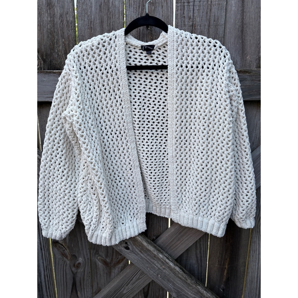 Art Class Cream Chenille Open Knit Cardigan Sweater XL 14/16 Long Sleeve Cozy